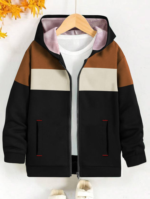 NXT Inner Fur Hood Fleece Full Zipper Hoodie For Kids-Black with Brown & Cream Panels-BR14488