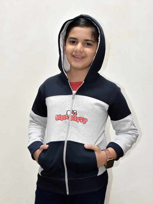 NXT Inner Fur Hood Fleece Full Zipper Hoodie For Kids-Grey Melange with Navy Panels-BR14482