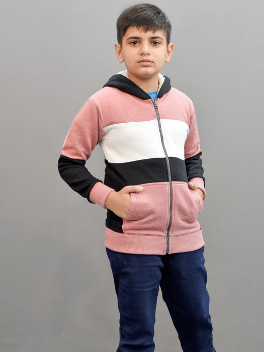 NXT Inner Hood Fur Fleece Full Zipper Hoodie For Kids-Pink with Black-BR14424