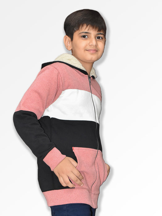 NXT Inner Hood Fur Fleece Full Zipper Hoodie For Kids-Pink with Black-BR14424