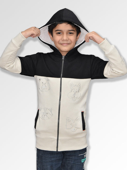 NXT Inner Hood Fur Fleece Full Zipper Hoodie For Kids-Wheat with Black Panels-BR14456