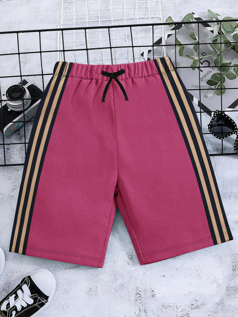 NXT Single Jersey Short For Kids-Pink Melange with Navy & Skin Stripes-BR14936
