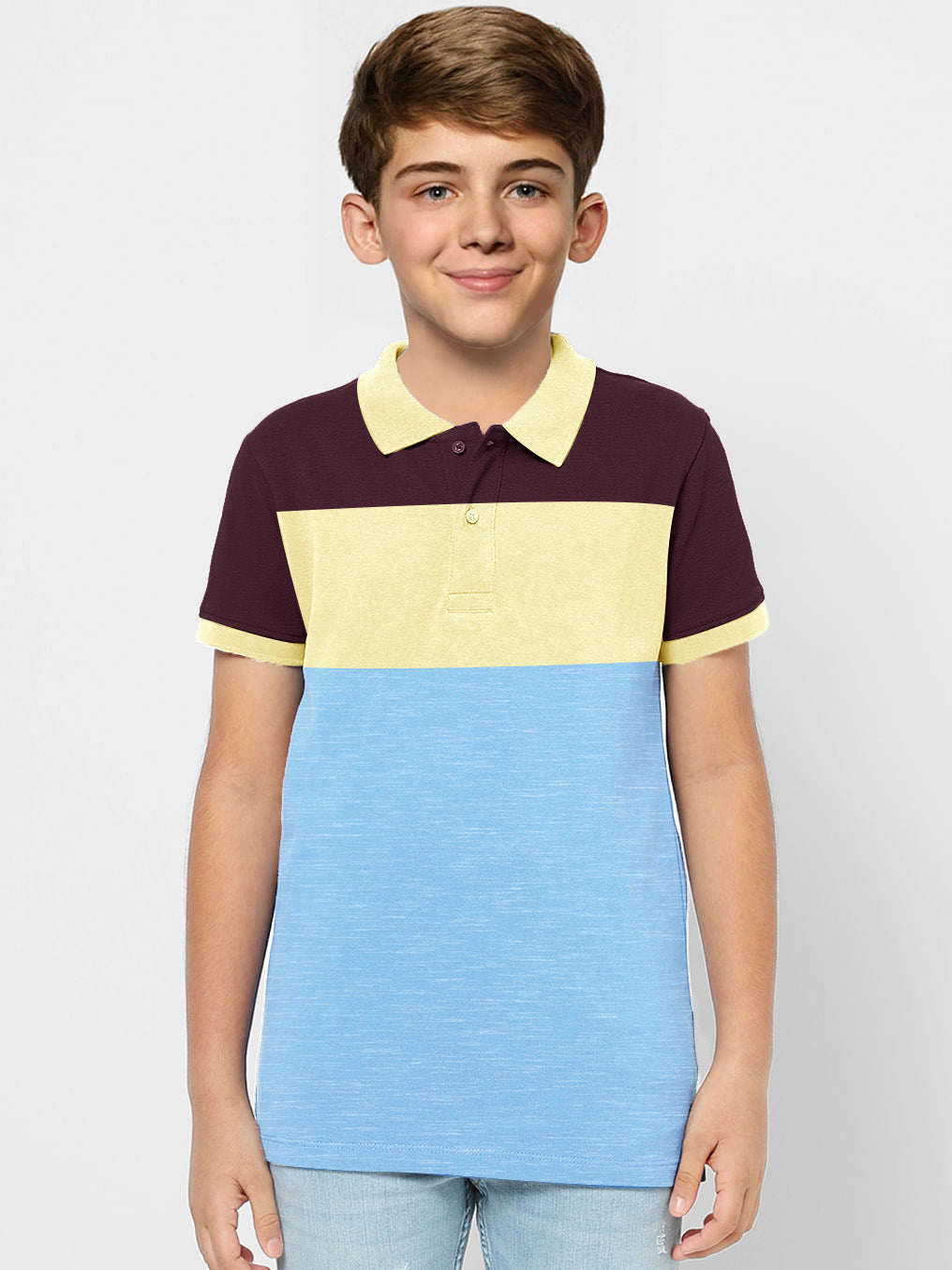 NXT Summer P.Q Polo Shirt For Kids-Sky Melange with Yellow & Burgundy-BR13187