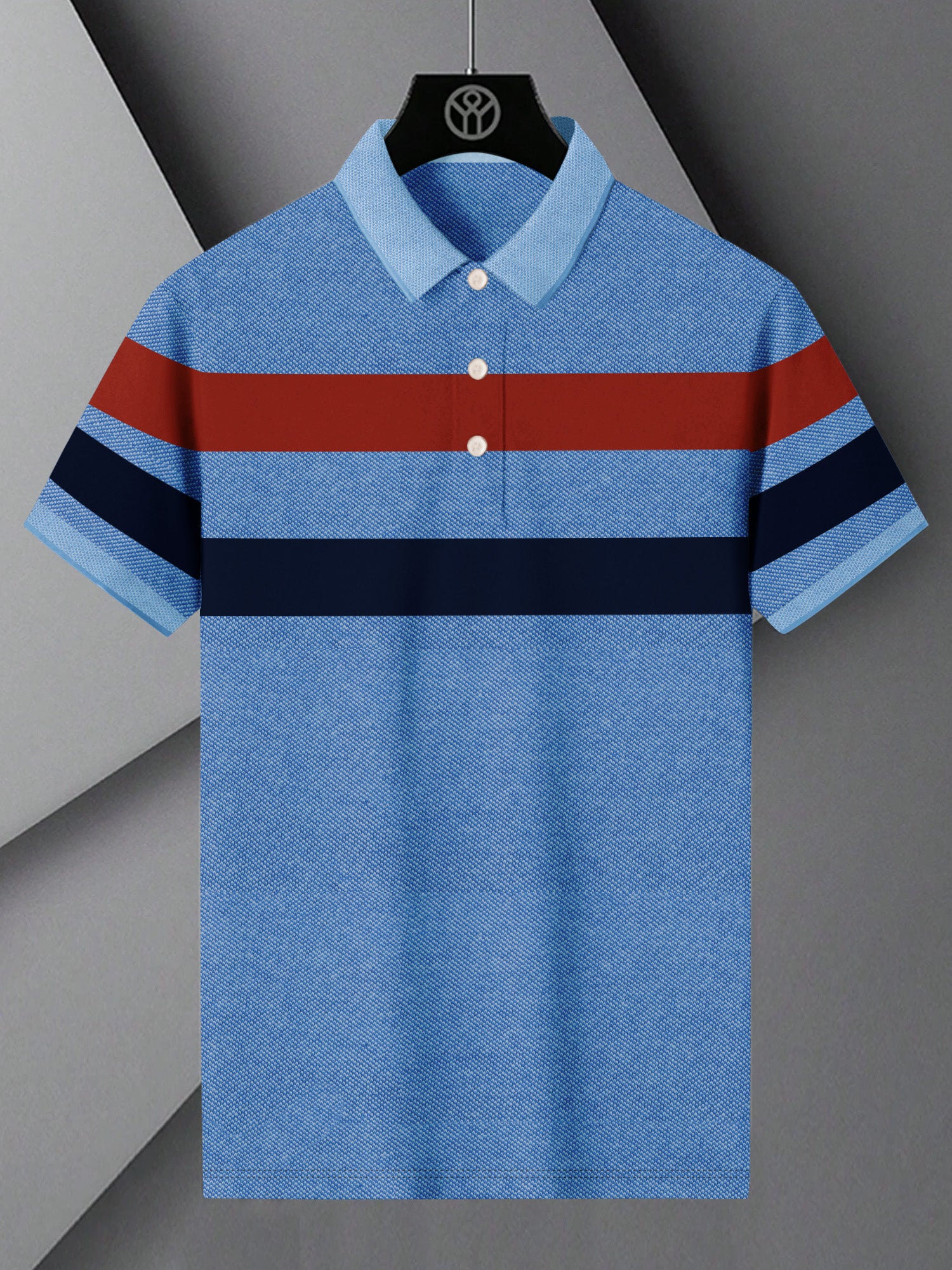 NXT Summer Polo Shirt For Men-Blue Melange with Navy & Red Stripe-BR12959