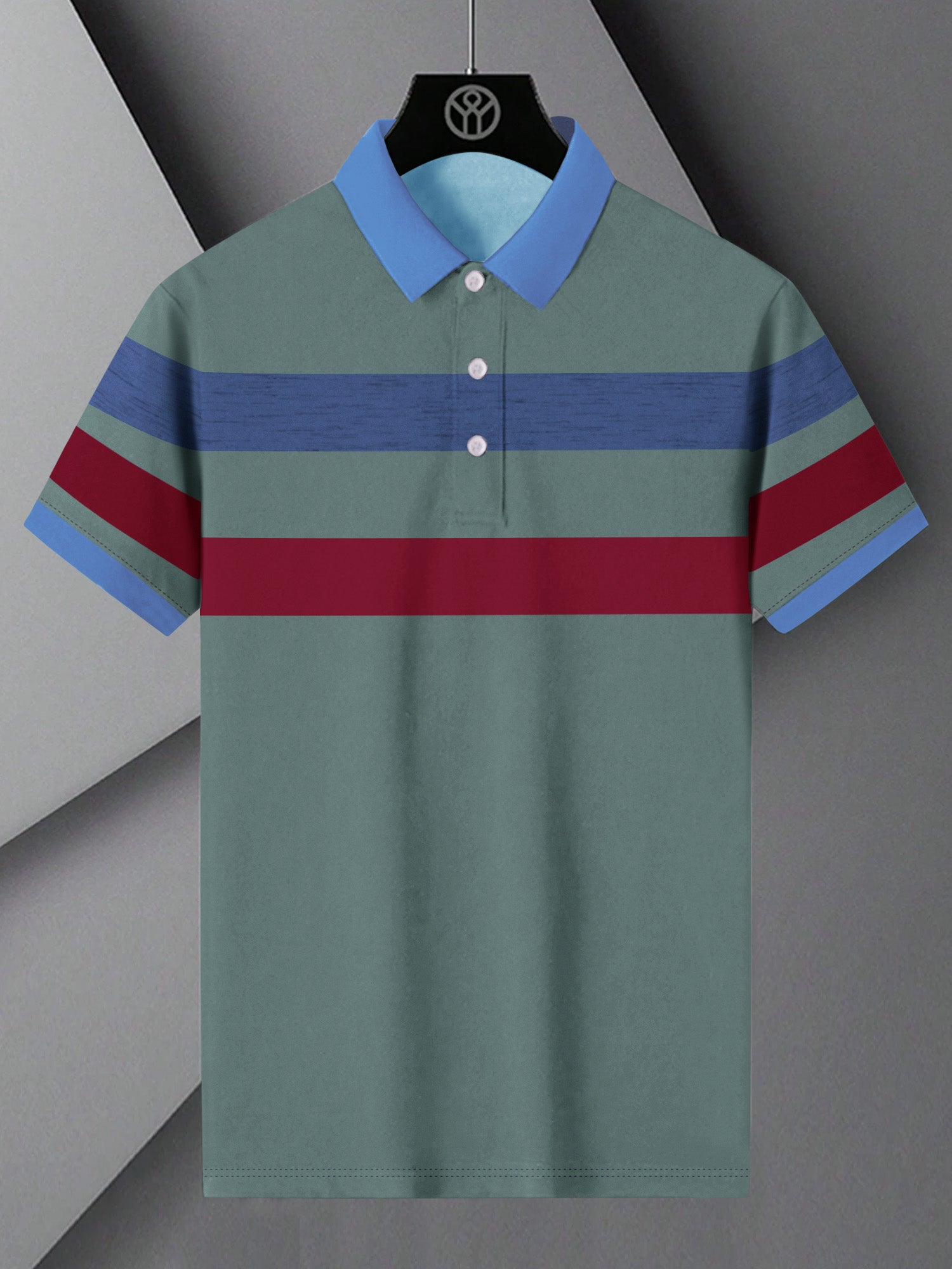 NXT Summer Polo Shirt For Men-Cyan Green with Blue & Red Stripe-BR12989