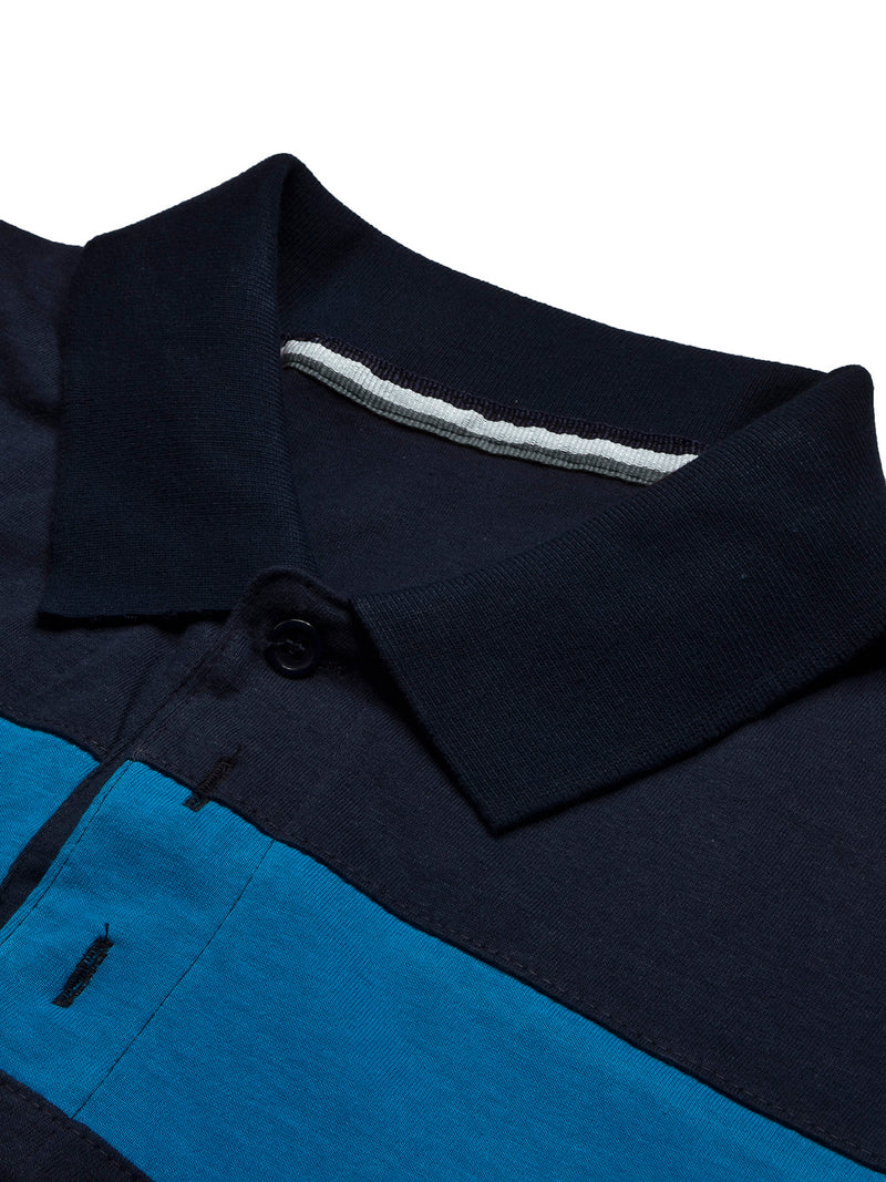 NXT Summer Polo Shirt For Men-Dark Navy With Cyan & White Stripe-BR12945
