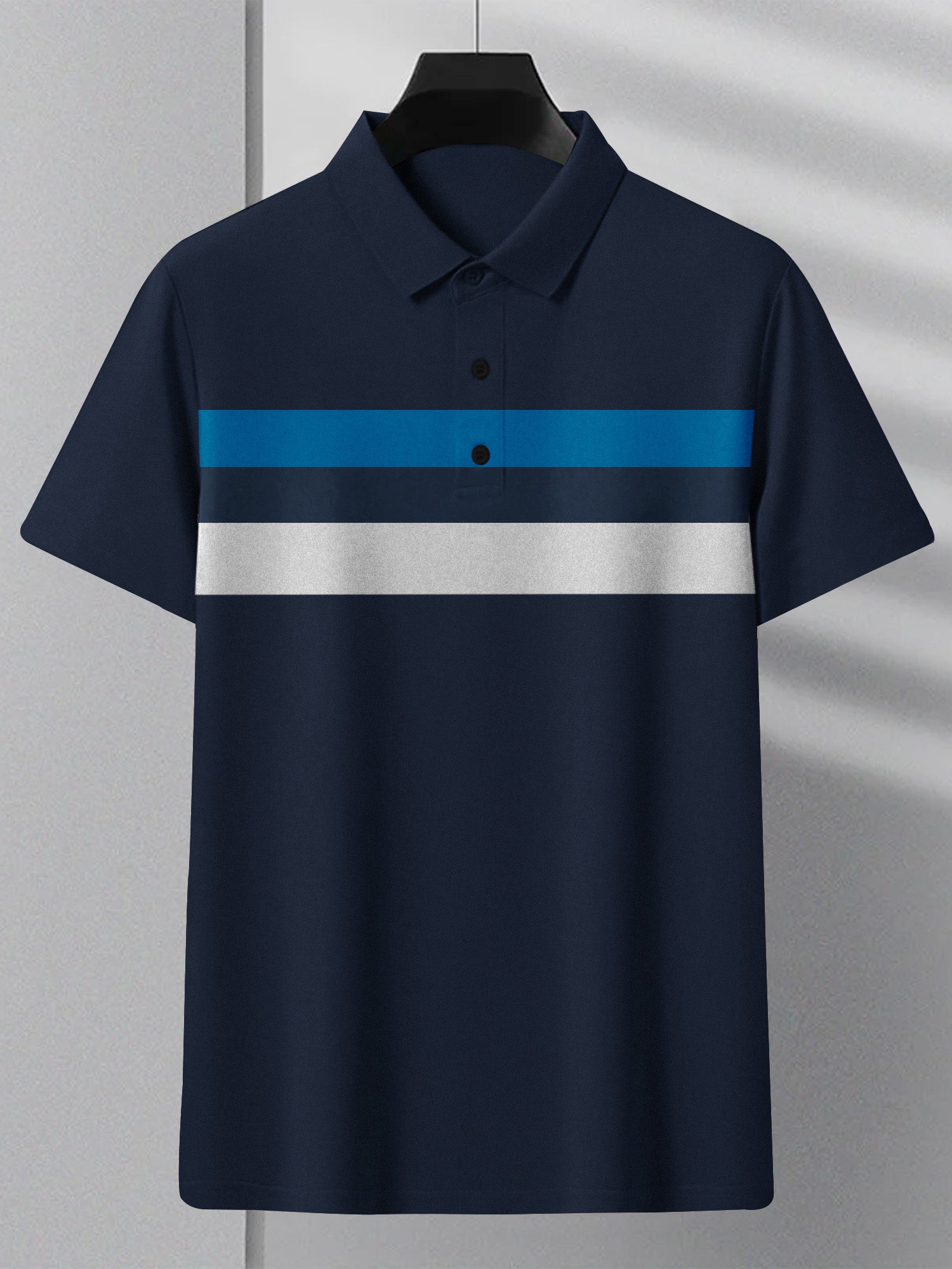 NXT Summer Polo Shirt For Men-Dark Navy With Cyan & White Stripe-BR12945