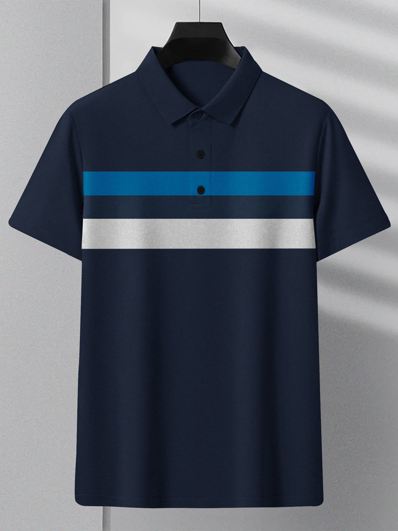 NXT Summer Polo Shirt For Men-Dark Navy With Cyan & White Stripe-BR12945