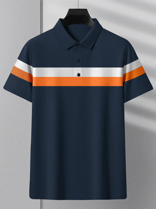 NXT Summer Polo Shirt For Men-Dark Navy With White & Orange Stripe-BR12943