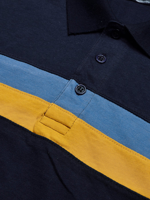 NXT Summer Polo Shirt For Men-Dark Navy With Yellow & Sky Stripe-BR12962