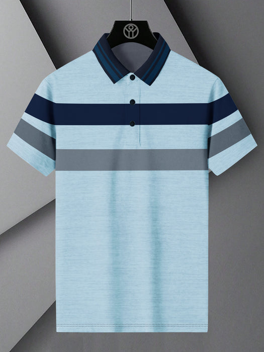NXT Summer Polo Shirt For Men-Sky Melange with Grey & Navy Stripe-BR12977