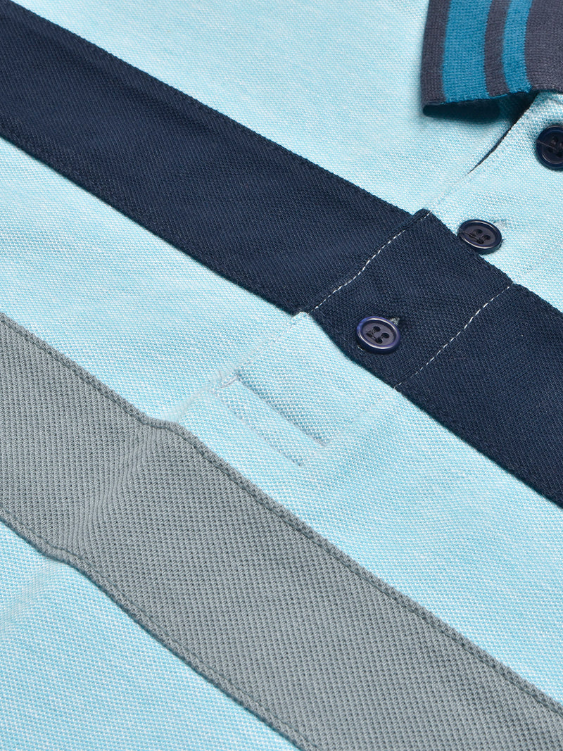 NXT Summer Polo Shirt For Men-Sky Melange with Grey & Navy Stripe-BR12977