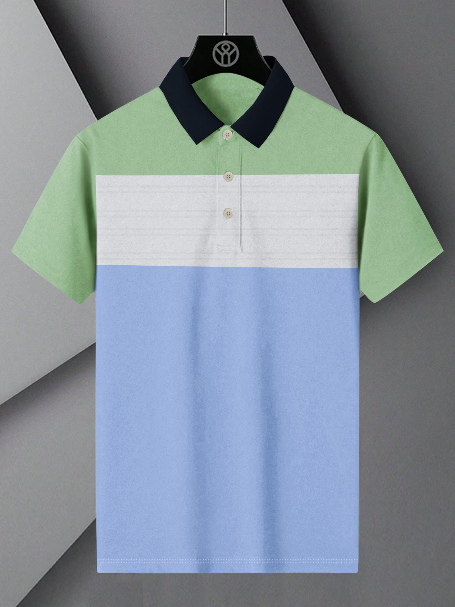 Summer Polo Shirt For Men-Sky with Grey & Green Panel-BR13090