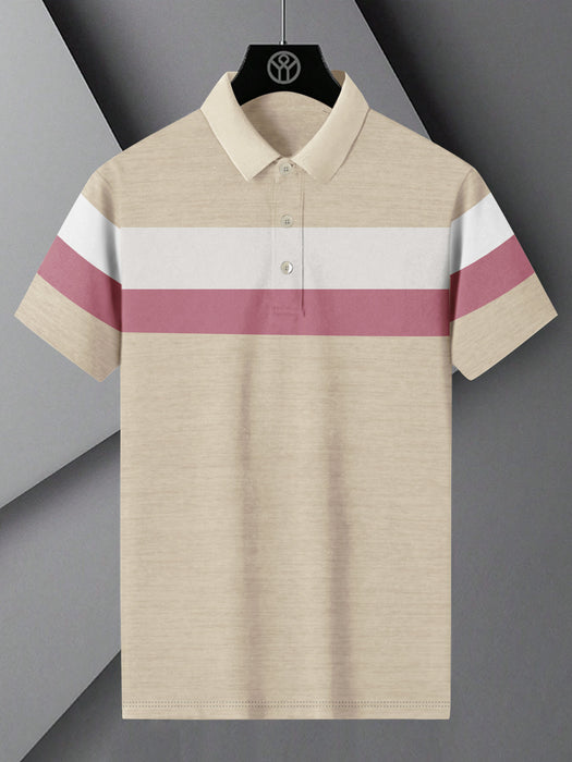 NXT Summer Polo Shirt For Men-Wheat Melange with White & Pink Panel-BR12952