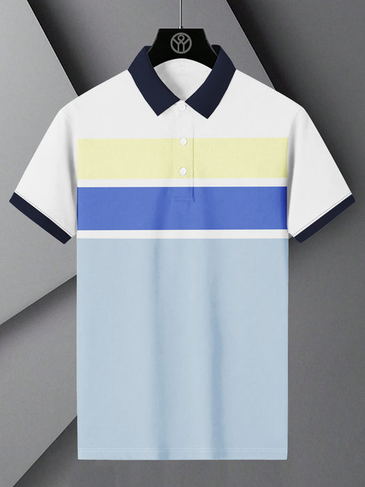 NXT Summer Polo Shirt For Men-White with Blue & Yellow Stripe-BR13055