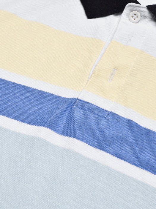 NXT Summer Polo Shirt For Men-White with Blue & Yellow Stripe-BR13055