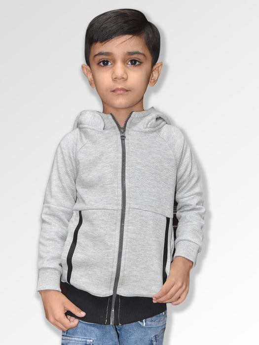 NXT Terry Fleece Full Zipper Hoodie For Kids-Grey Melange with Black Panels-BE2404/BR14476