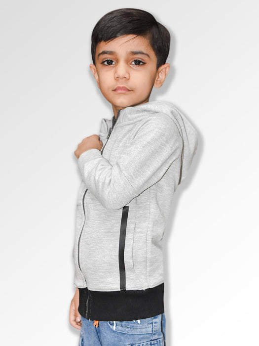 NXT Terry Fleece Full Zipper Hoodie For Kids-Grey Melange with Black Panels-BE2404/BR14476