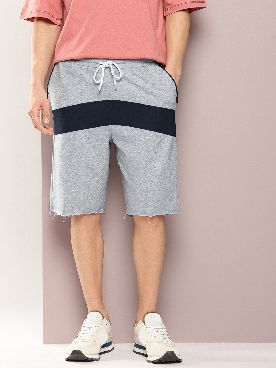 NXT Terry Fleece Short For Men-Grey Melange with Navy Panels-BR14665