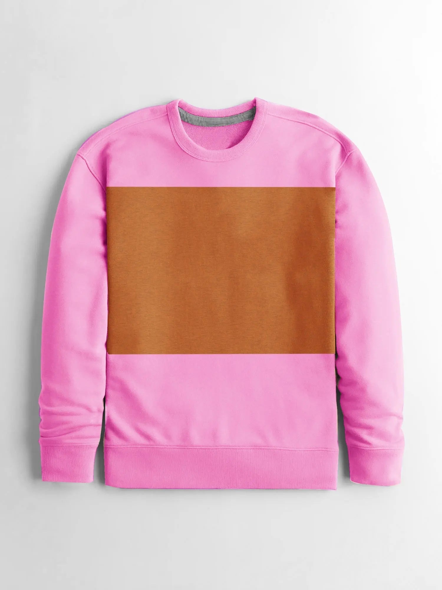 Fleece Crew Neck Sweatshirt For Men-Pink with Brown Panels-BR971