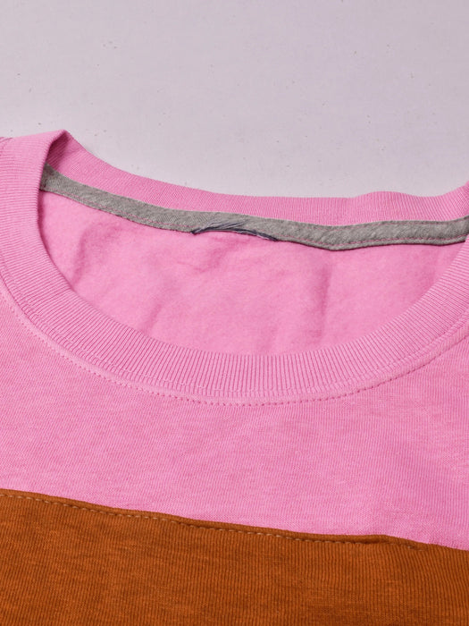 Fleece Crew Neck Sweatshirt For Men-Pink with Brown Panels-BR971