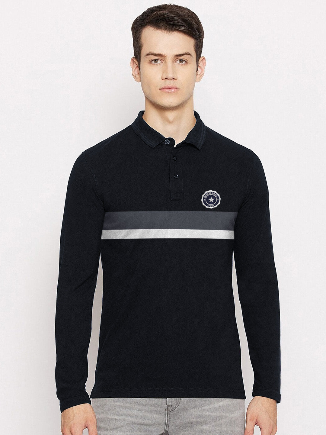 Next Long Sleeve Polo Shirt For Men-Dark Navy with White & Charcoal Stripe-BR13285