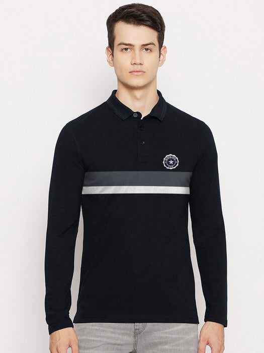 Next Long Sleeve Polo Shirt For Men-Dark Navy with White & Charcoal Stripe-BR13285