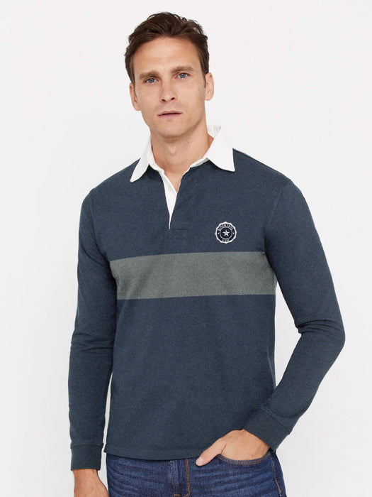 Next Long Sleeve Polo Shirt For Men-Navy Melange with Grey Stripe-BR13286