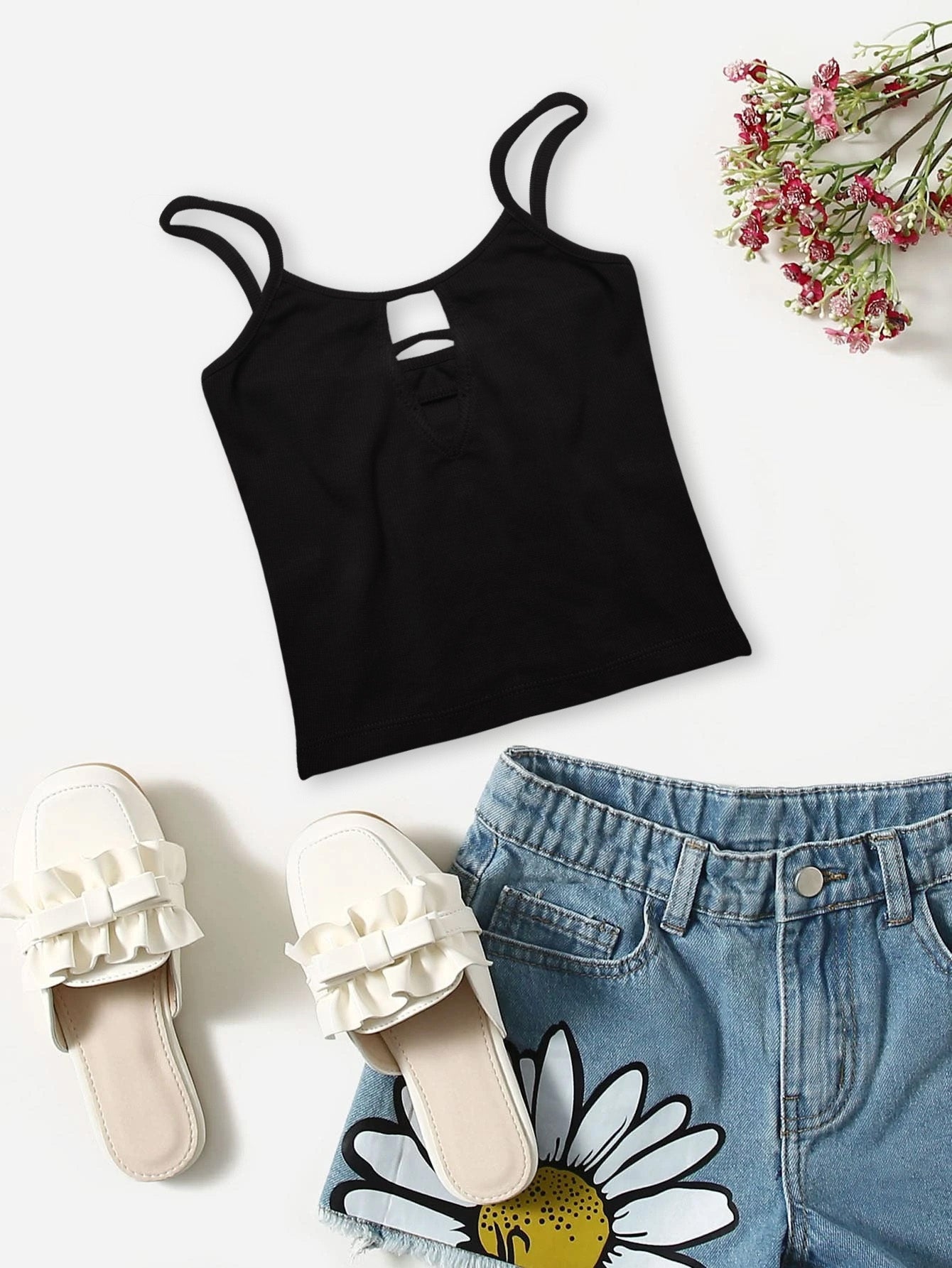 Next Ribbed Strappy Top For Baby Girls-Black-BR13292