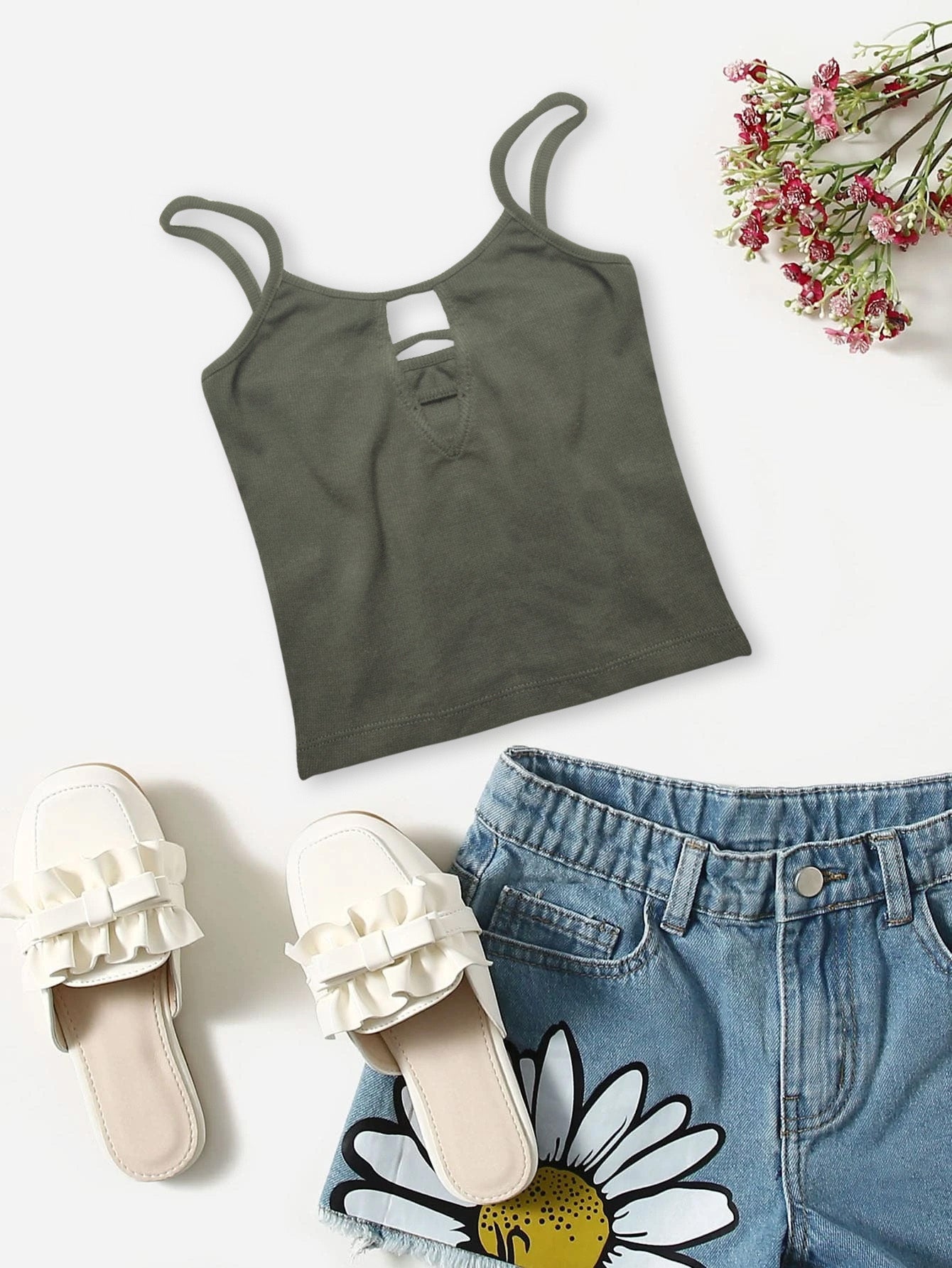 Next Ribbed Strappy Top For Baby Girls-Olive Green-BR13290