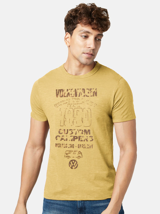 Next Single Jersey Crew Neck Tee Shirt For Men-Yellow Melange with Print-BR13270