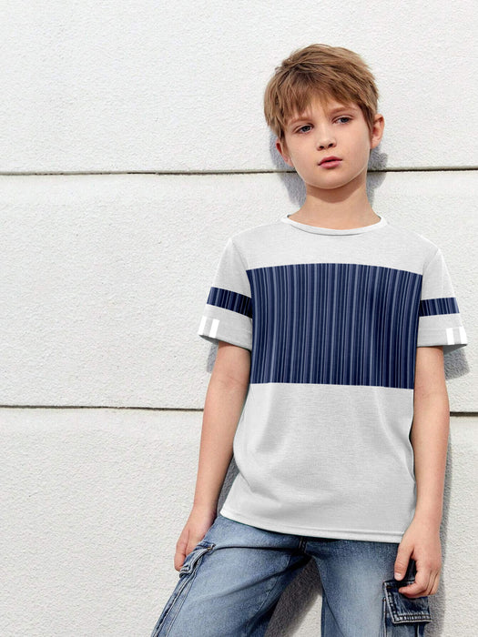 Next Tee Shirt For Kids-Grey Melange with Blue Stripe Panel-BR13729