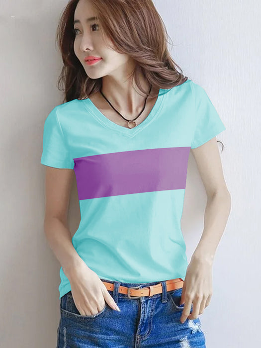 Nyc Polo Single Jersey V Neck Tee Shirt For Women-Ice Sky with Magenta Panel-BR13503