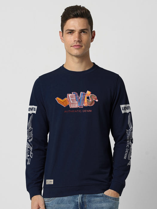 Outfitters Crew Neck Terry Fleece Sweatshirt For Men-Dark Navy-BR13439
