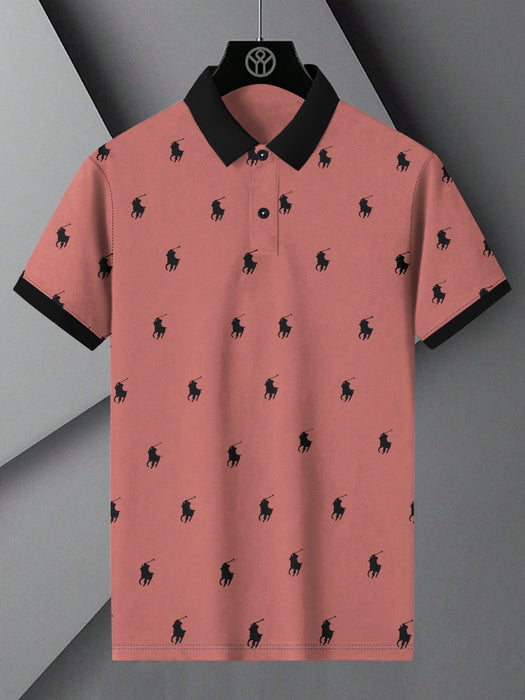 PRL Summer Polo Shirt For Men-Carrot Red with Allover Print-BR12999