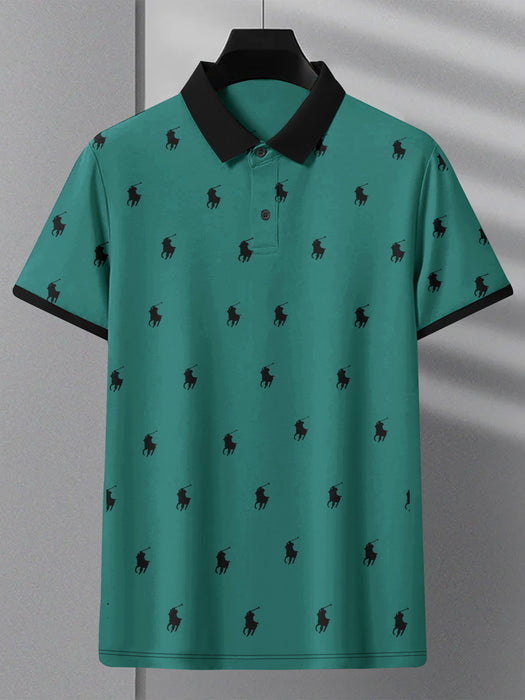PRL Summer Polo Shirt For Men-Dark Green with Allover Print-BR12987