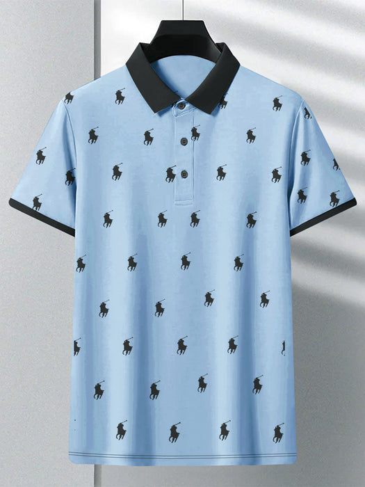 PRL Summer Polo Shirt For Men-Light Blue with Allover Print-BR12948