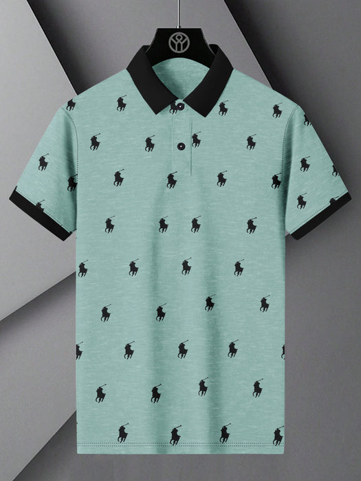 PRL Summer Polo Shirt For Men-Light Green Melange with Allover Print-BR12969