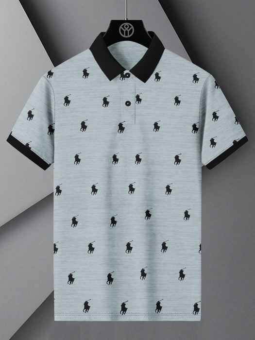 PRL Summer Polo Shirt For Men-Light Sky Melange with Allover Print-BR12951