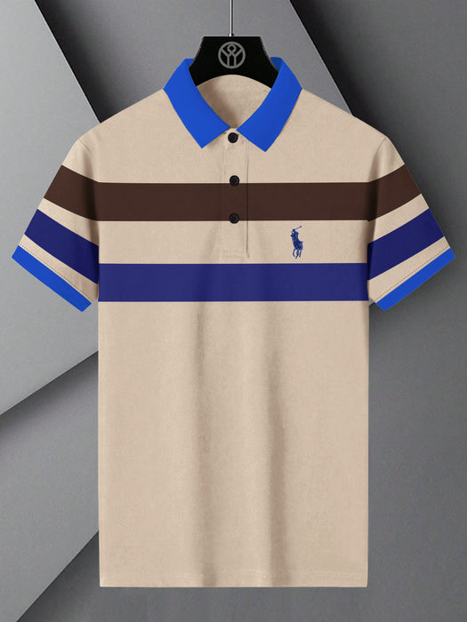 PRL Summer Polo Shirt For Men-Skin Melange with Brown & Blue Panel-BR13099