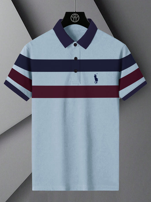 PRL Summer Polo Shirt For Men-Sky Melange with Navy & Maroon Panel-BR13098