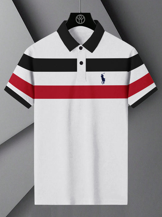 PRL Summer Polo Shirt For Men-White with Red & Black Panel-BR13107