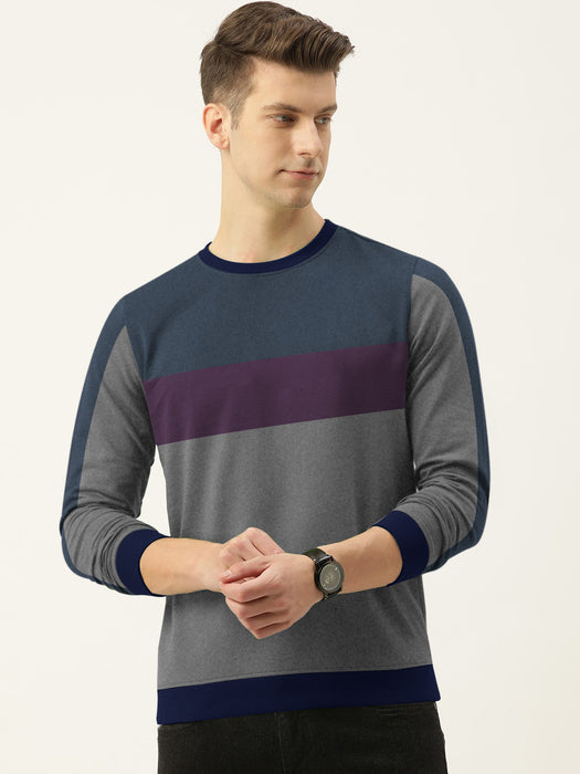 PYPR Fleece Sweatshirt For Men-Charcoal Melange with Navy & Indigo Panel-BR14634