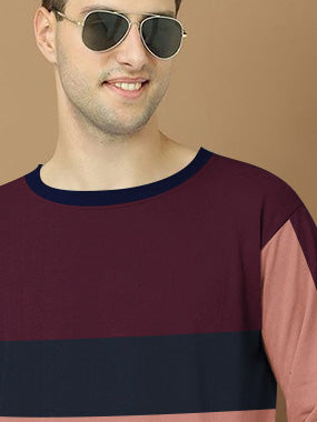 PYPR Fleece Sweatshirt For Men-Dark Peach with Maroon & Navy Panel-BR14648