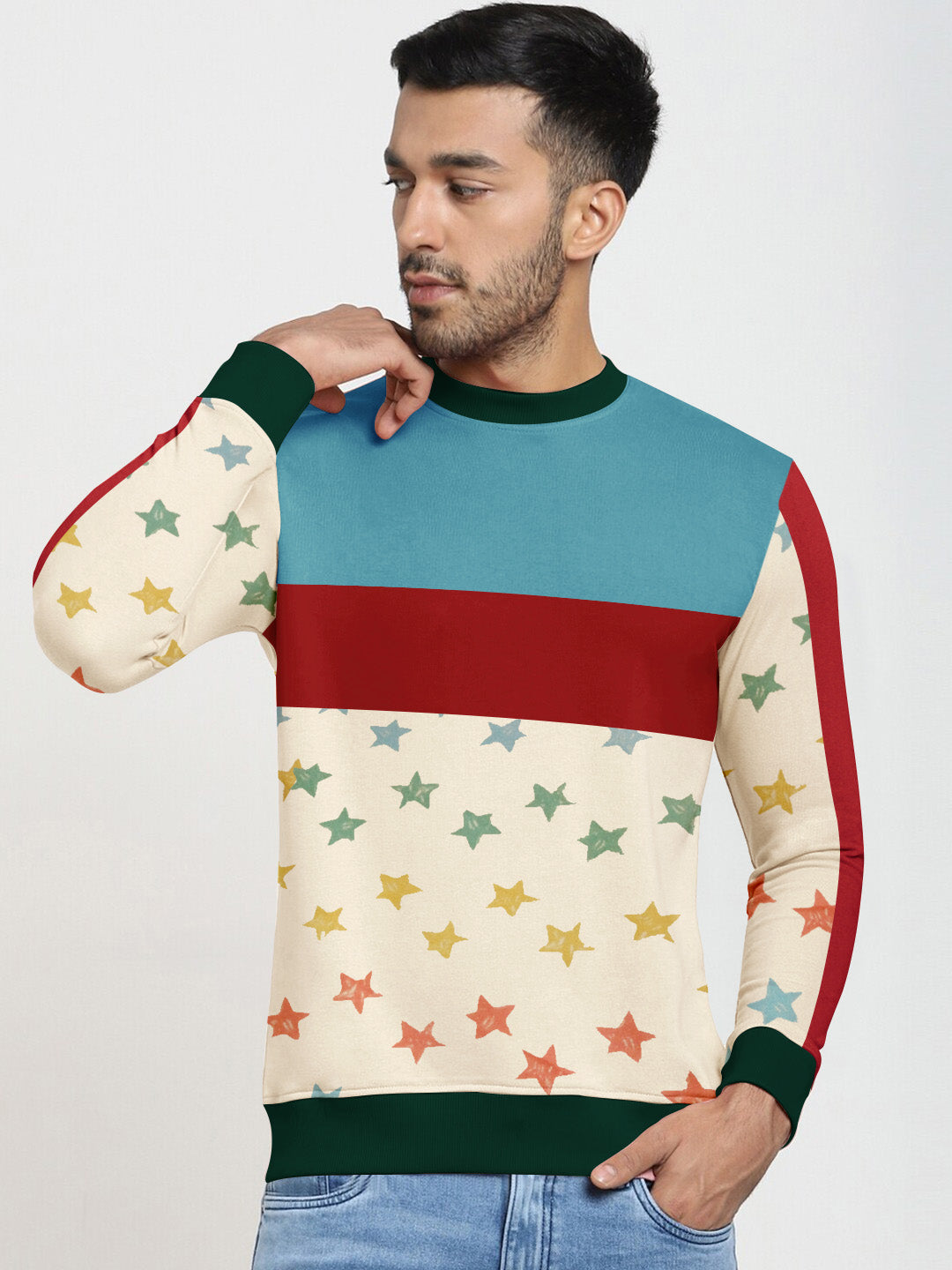 PYPR Fleece Sweatshirt For Men-Off White with Red & Sky Panel-BR14646