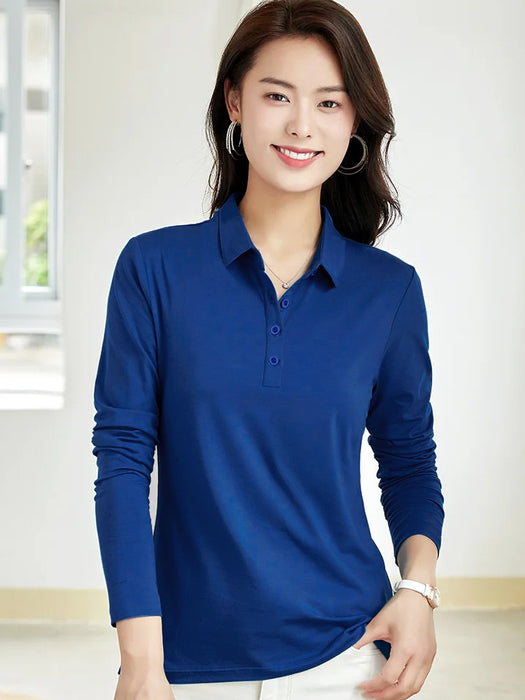 PYPR Summer Solid Long Sleeve Polo Shirt For Women-Dark Blue-BR13875