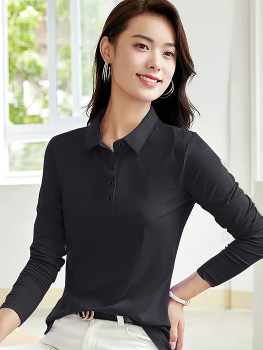 PYPR Summer Solid Long Sleeve Polo Shirt For Women-Dark Grey-BR13871