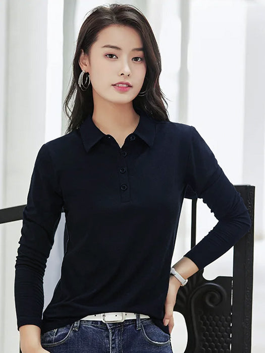 PYPR Summer Solid Long Sleeve Polo Shirt For Women-Dark Navy-BR13877