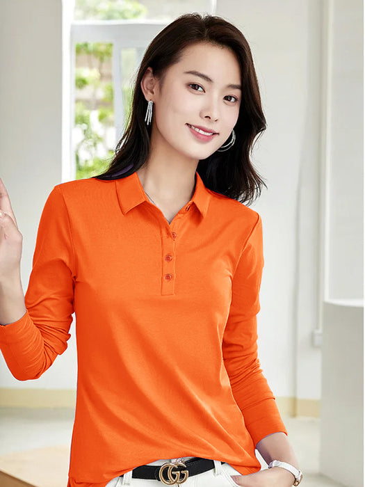 PYPR Summer Solid Long Sleeve Polo Shirt For Women-Orange-BR13869