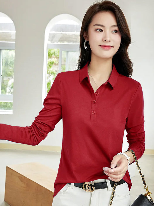 PYPR Summer Solid Long Sleeve Polo Shirt For Women-Red-BR13870